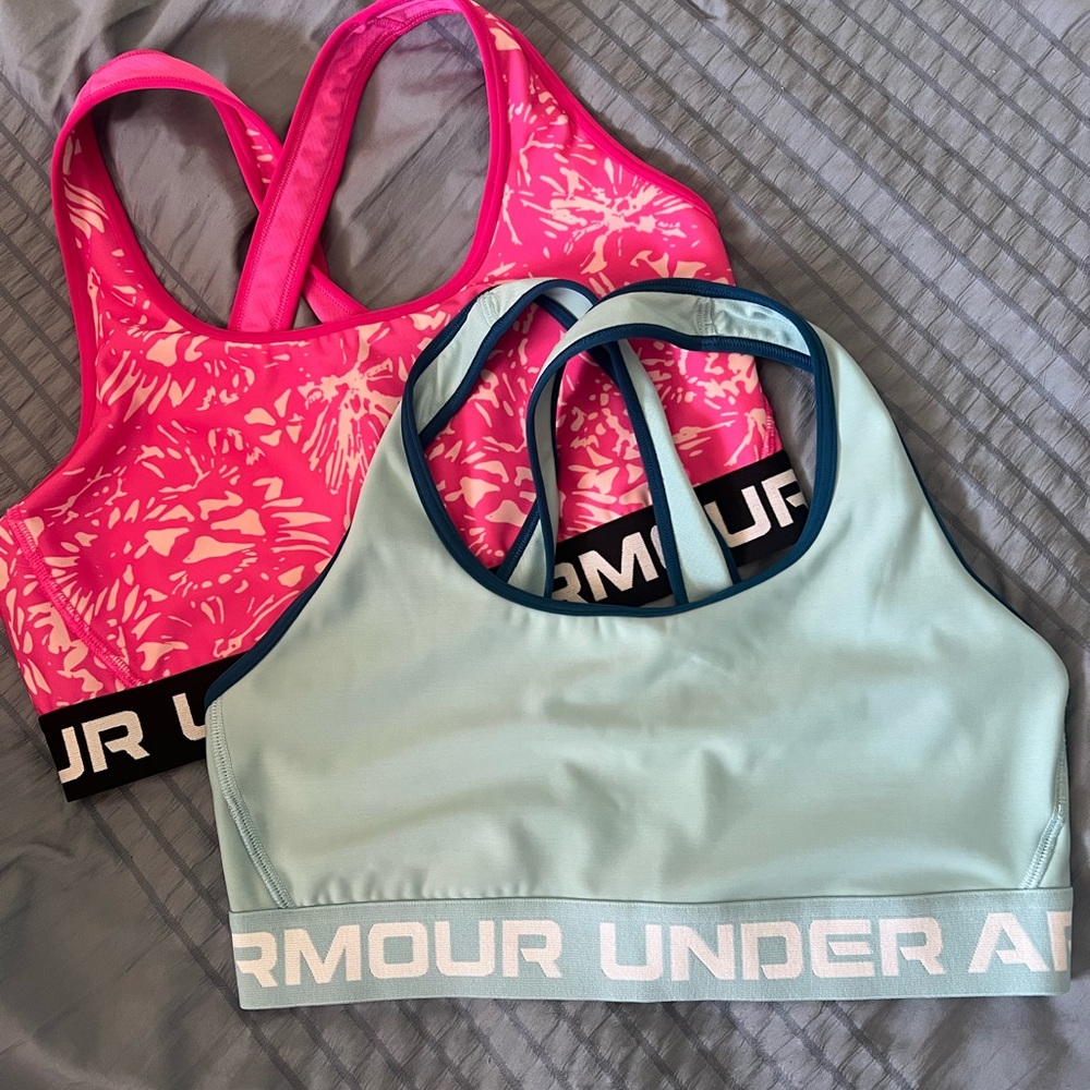 Two Under Armour Pink Pattern & Light Blue Racerback Sports Bras size large